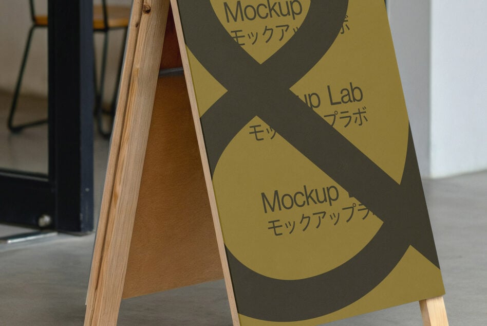 A-frame poster mockup with minimal design features bold typography in English and Japanese ideal for branding and signage design templates for designers.