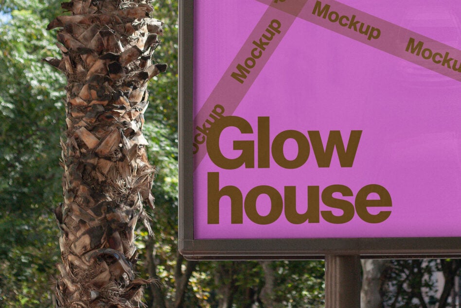 Billboard mockup featuring bold brown text Glow house on a vibrant pink background with a tree beside it. Suitable for advertising and design projects.