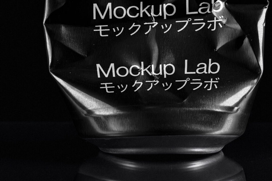 Clear plastic pouch mockup with white text overlay on dark background