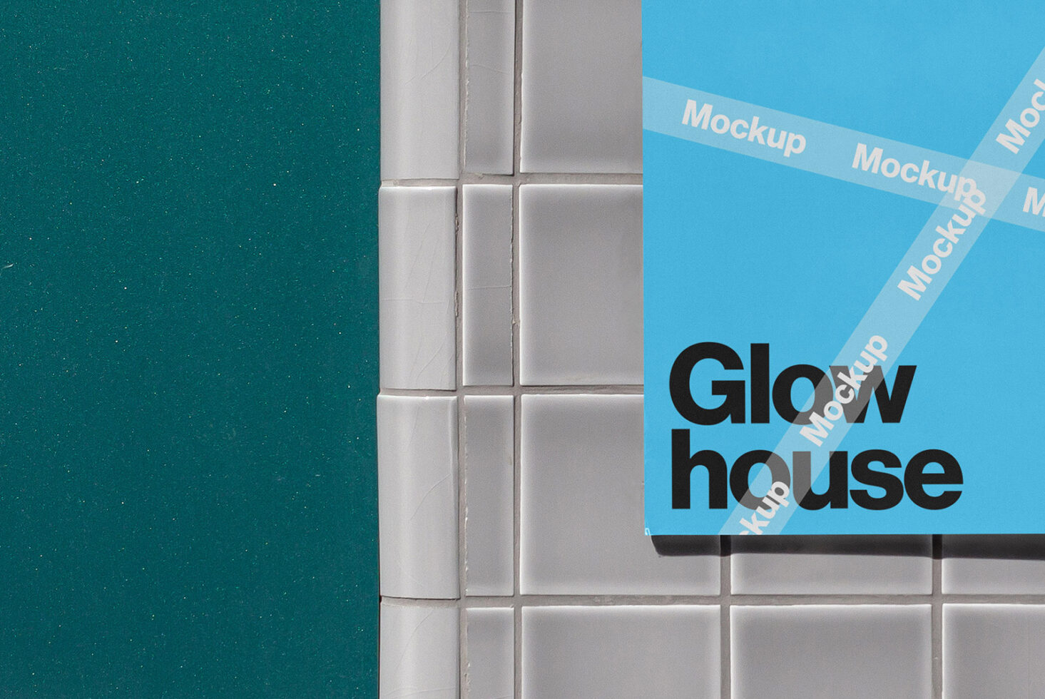 Blue poster mockup with bold text Glow House on tiled wall background perfect for graphic designers looking for creative presentation templates