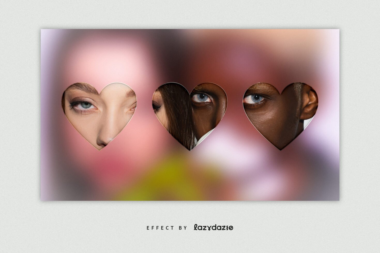 Heart-shaped photo mockup showcasing diverse eyes isolated on soft pink background ideal for designers seeking creative templates for eye-catching graphics
