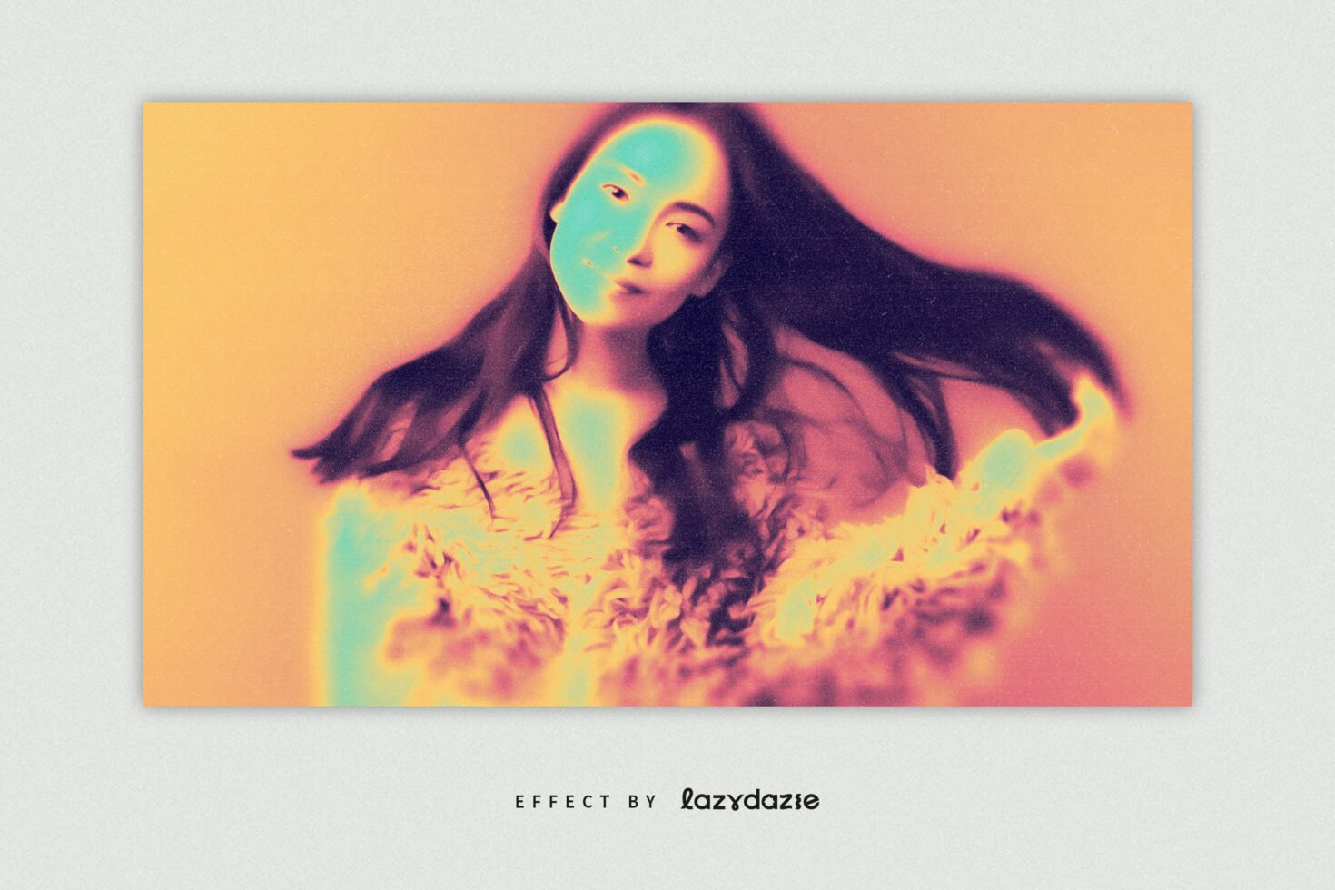 Vibrant digital art with a retro neon effect featuring a woman with flowing hair. Perfect for graphic designers seeking unique photo effects templates.