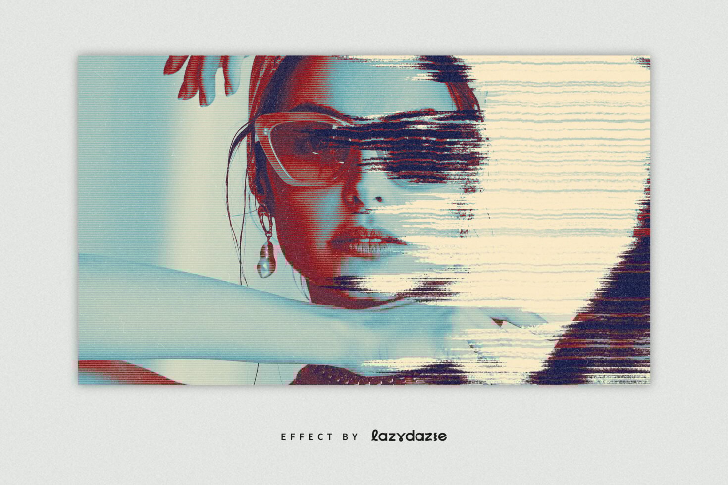 Abstract glitch effect on woman's portrait with sunglasses, textured overlay, ideal for designers seeking unique digital graphics, creative templates, mockups.