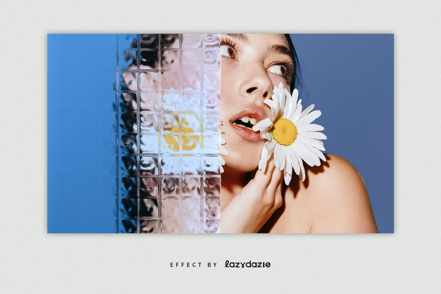 Split-screen photo effect featuring a woman with a daisy in front of a blue background and a distorted tile texture overlay. Perfect for graphic designers.