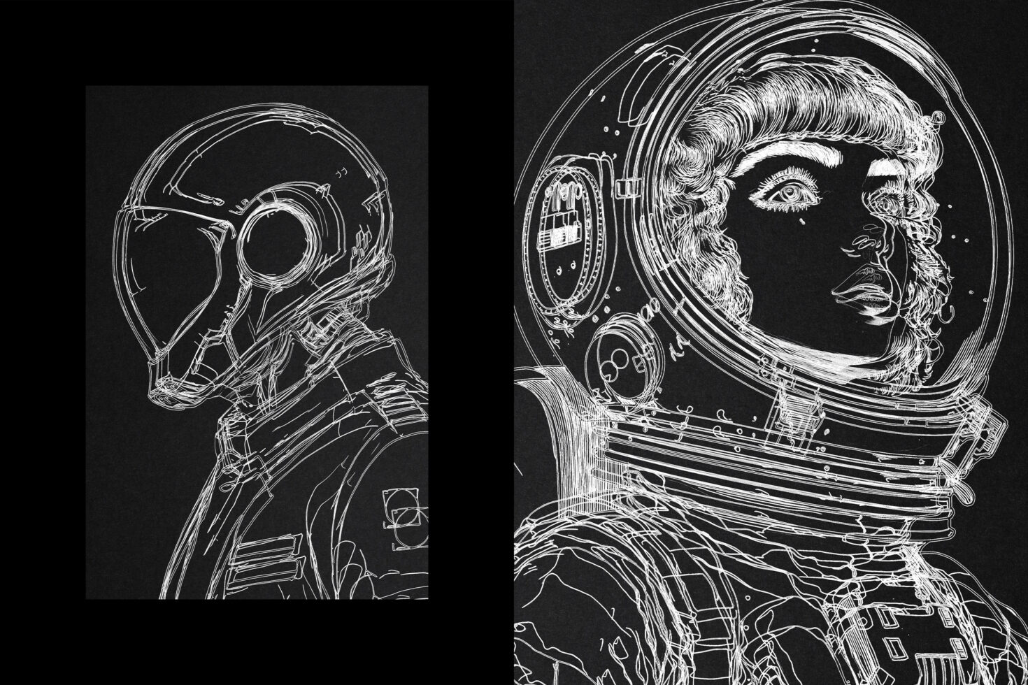 Digital illustration of astronauts in white outlines on black background futuristic space theme perfect for graphic design mockups and creative templates.