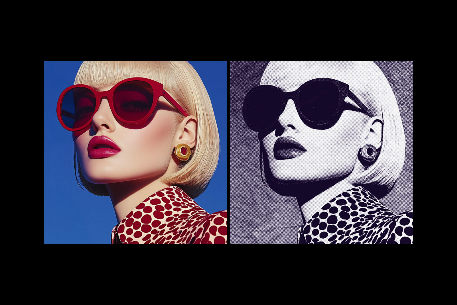 Two portraits of a woman in retro style sunglasses and polka dot attire vibrant and monochrome versions ideal for designers graphics mockups fashion.