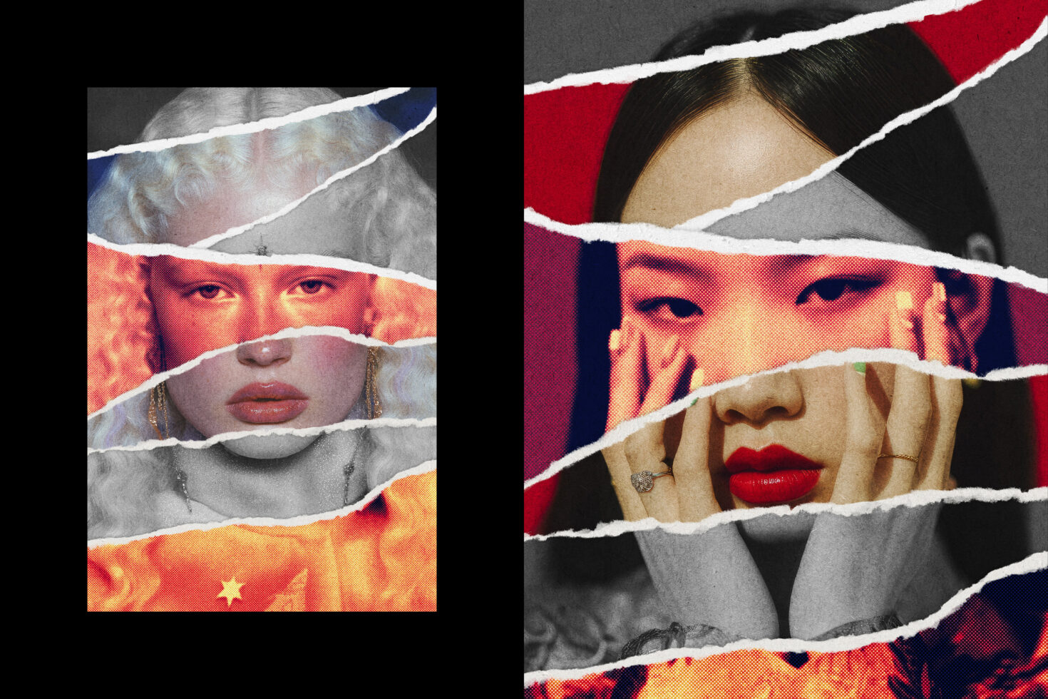 Digital collage art featuring two portraits with torn paper effect and vibrant colors. Ideal for designers seeking unique graphics and creative mockup assets.
