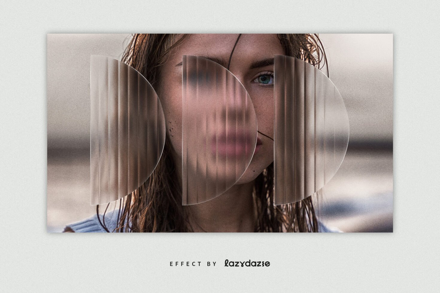 Designer photo effect template featuring a woman's portrait with a glass distortion. Ideal for mockups and creative graphics. Keywords: photo effect template.