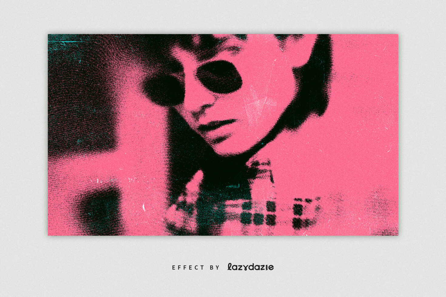 Grainy pink and black halftone portrait of a person in sunglasses offers a retro graphic effect for designers seeking unique textures and vintage vibes.