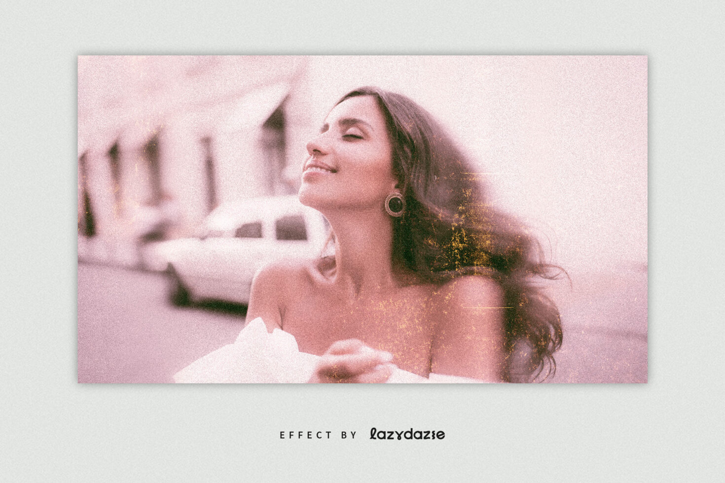Retro-style photo effect featuring a woman smiling with eyes closed. Vintage texture overlay suitable for designers seeking nostalgic aesthetics in graphics.