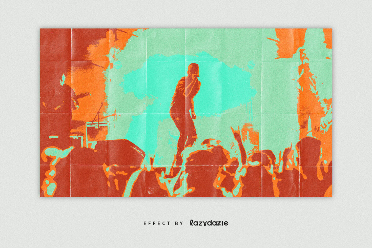 Abstract music concert poster with vivid orange and turquoise colors featuring a singer and crowd, perfect for graphic design templates and mockups.