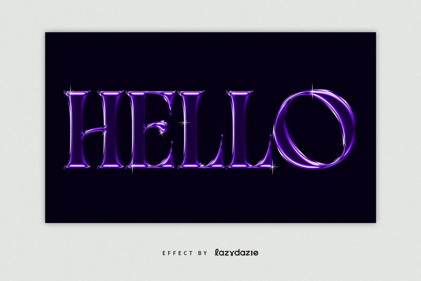 Purple chrome text effect spelling HELLO on a black background suitable for digital design assets like fonts and templates ideal for designers.