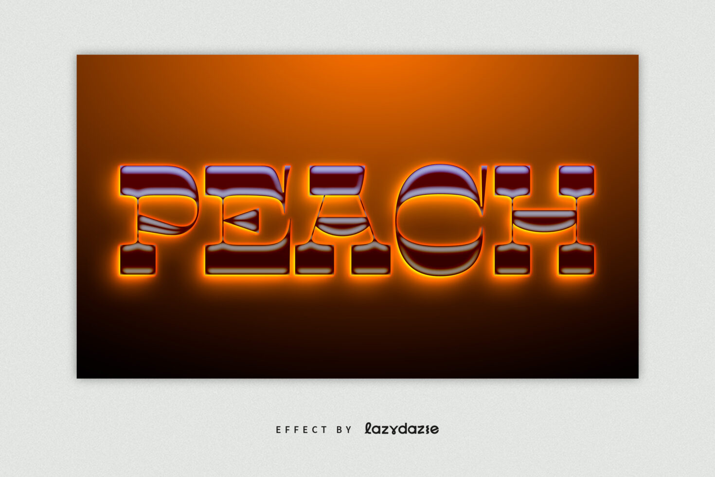 Digital typography design of the word Peach with a glossy orange and purple 3D effect. Ideal for graphic designers looking for vibrant text styles.
