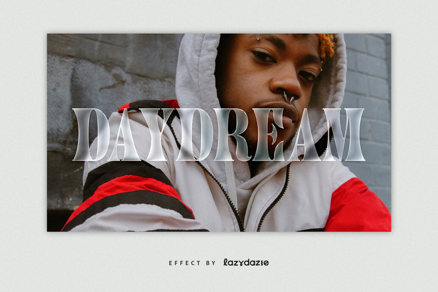 Portrait of a person in a red and white hoodie with DAYDREAM text overlay. Perfect for mockup designs and digital templates for designers.