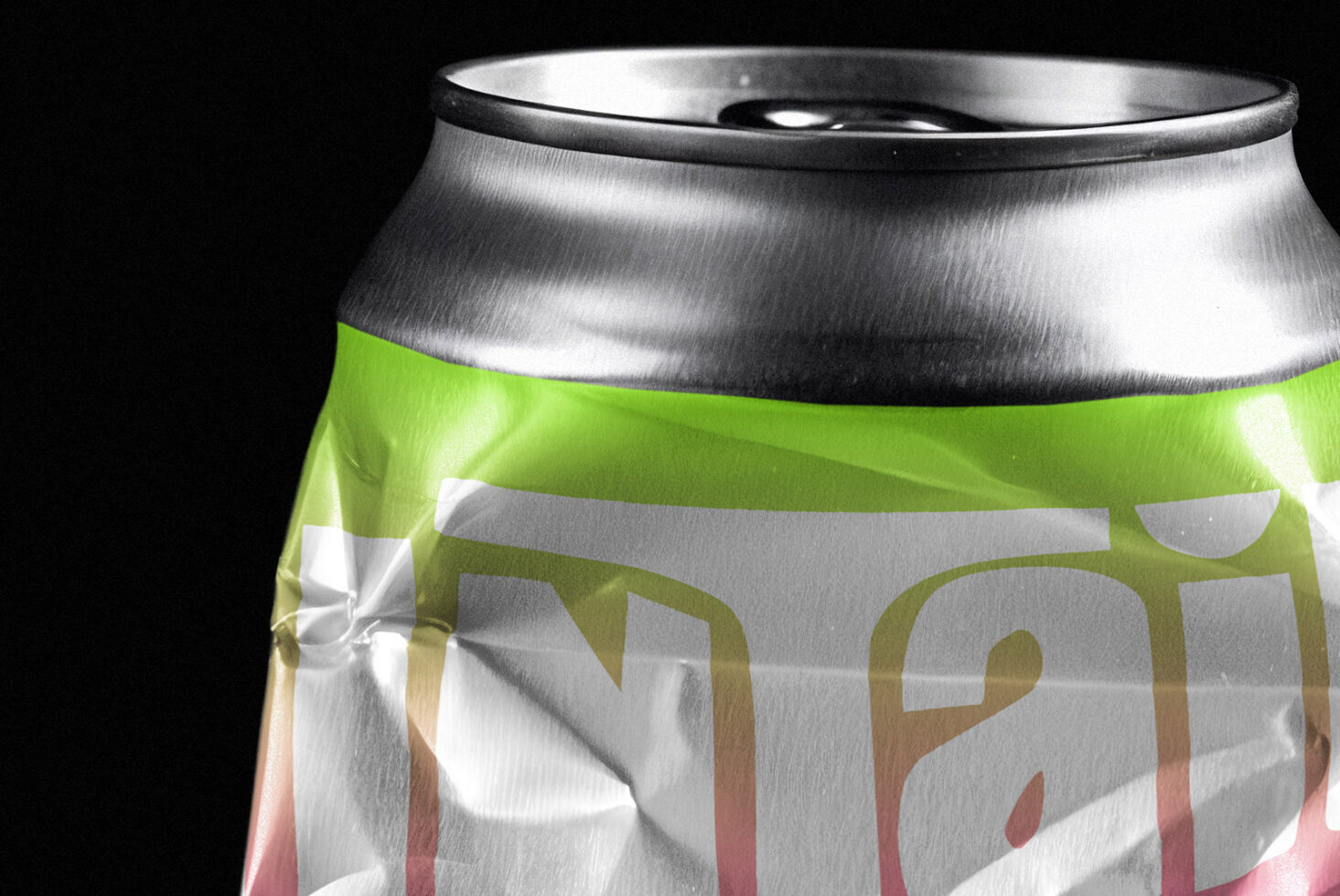 Close-up of crumpled soda can mockup with a vibrant color design. Ideal for showcasing branding or packaging design. Perfect for designers assets.