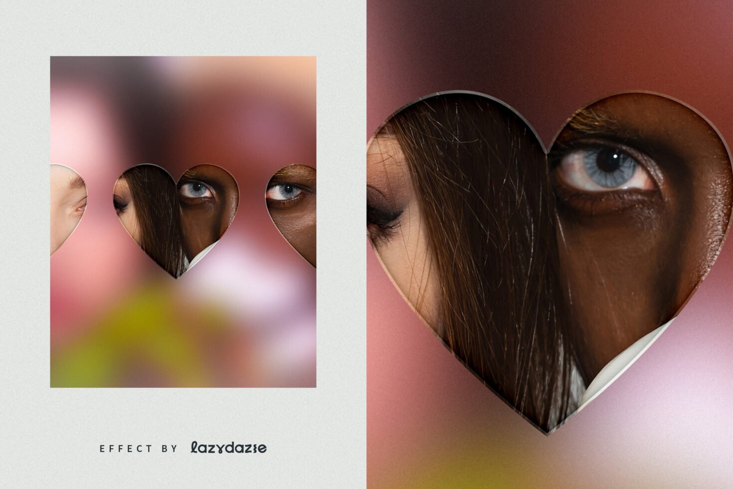Heart-shaped photo collage template with diverse eyes peeking through. Perfect for creative designs mockups and digital assets. Enhance visual projects.