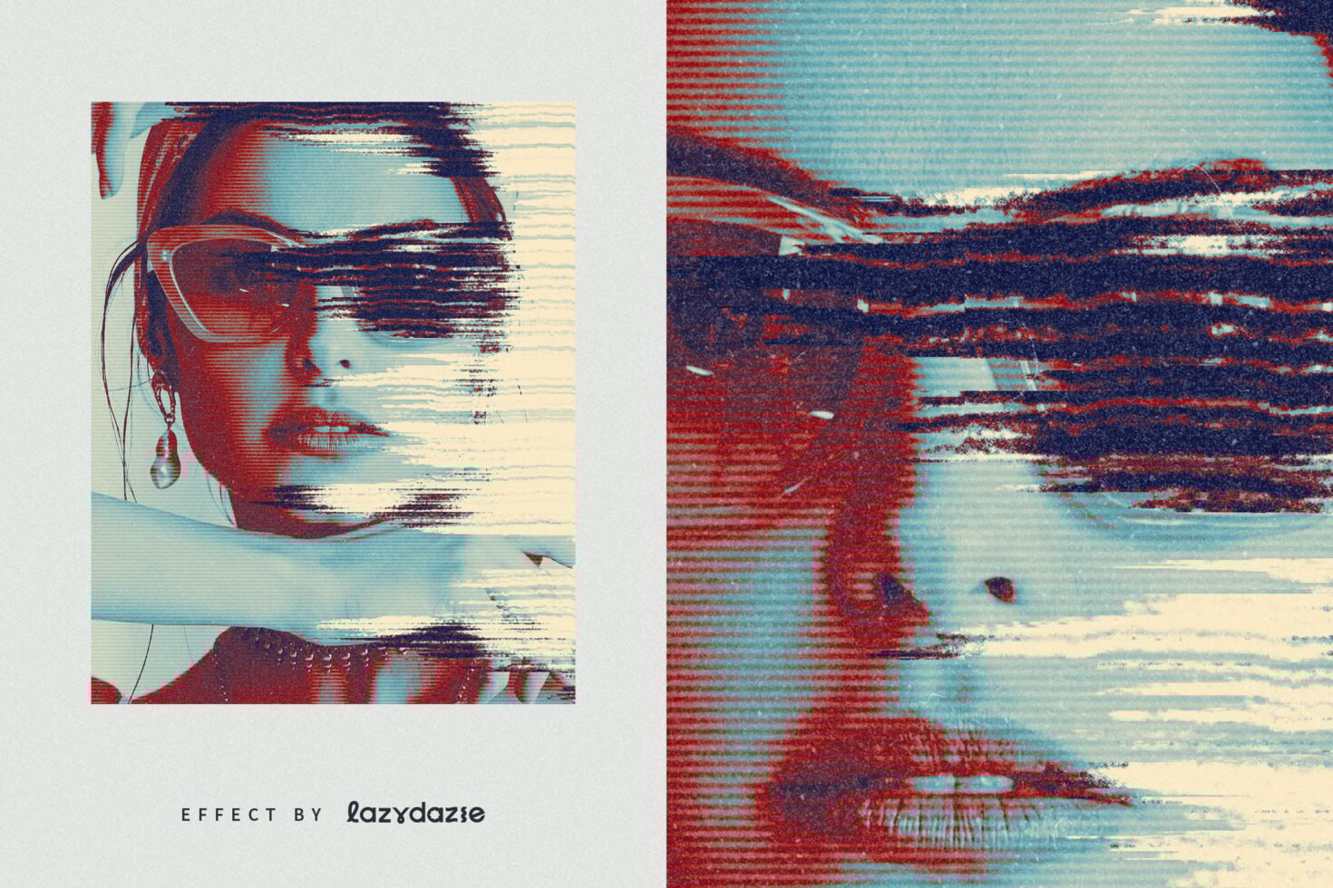 Retro photo effect template featuring a glitch portrait style in red and blue. Ideal for graphic designers seeking a vintage aesthetic effect.