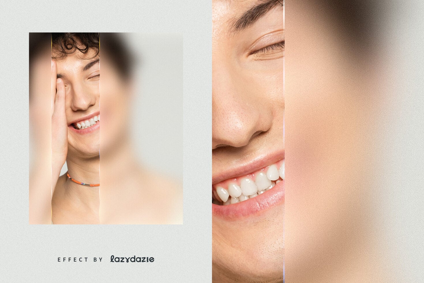 Split portrait showing woman smiling with teeth visible, soft blur effect