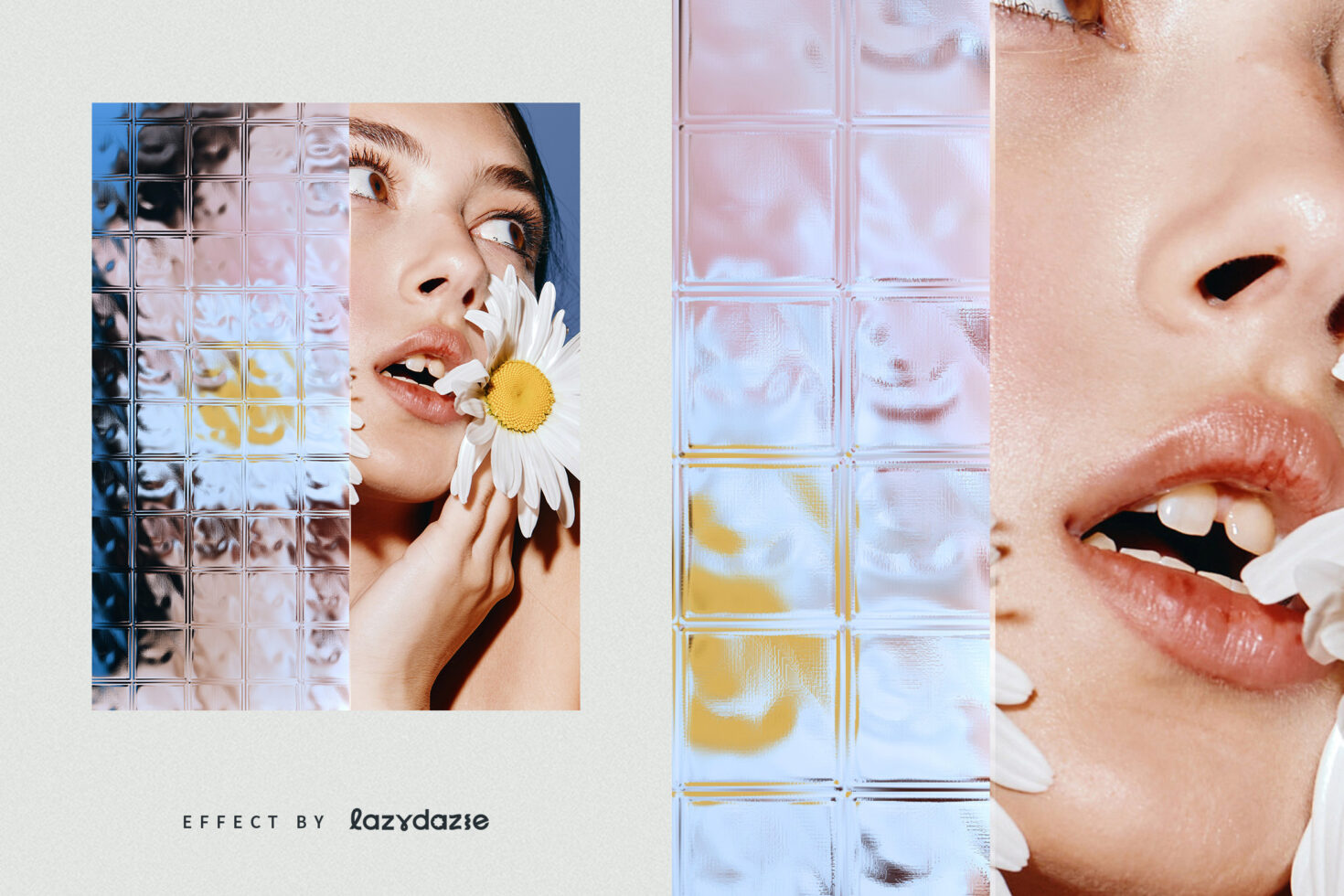 Portrait with glass filter effect showcasing a woman holding a daisy. Perfect for graphic designers, digital assets, creative templates, mockups.