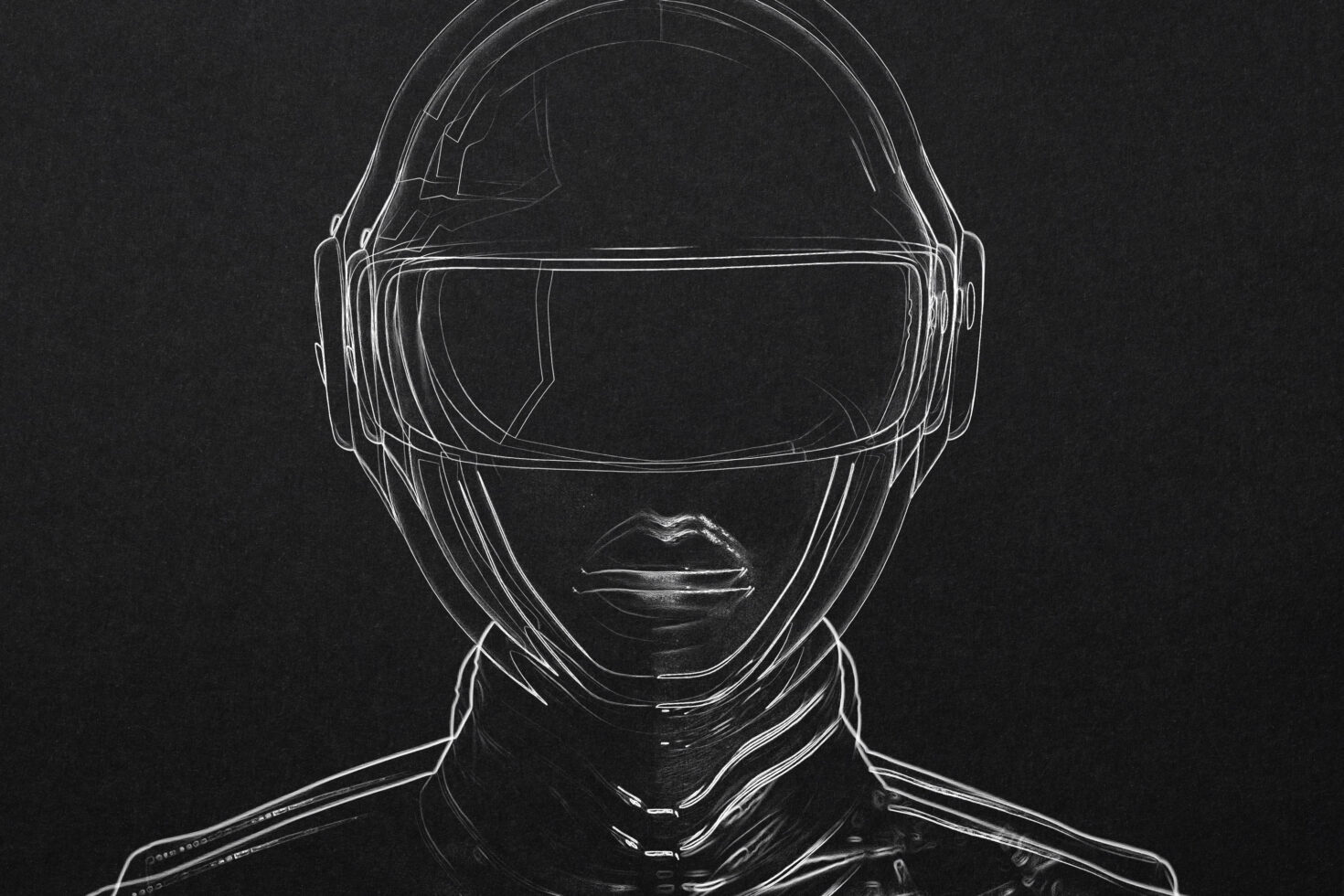 Futuristic helmet sketch with visor on dark background, ideal for graphic design assets, technology mockups, sci-fi themes, vector illustration.