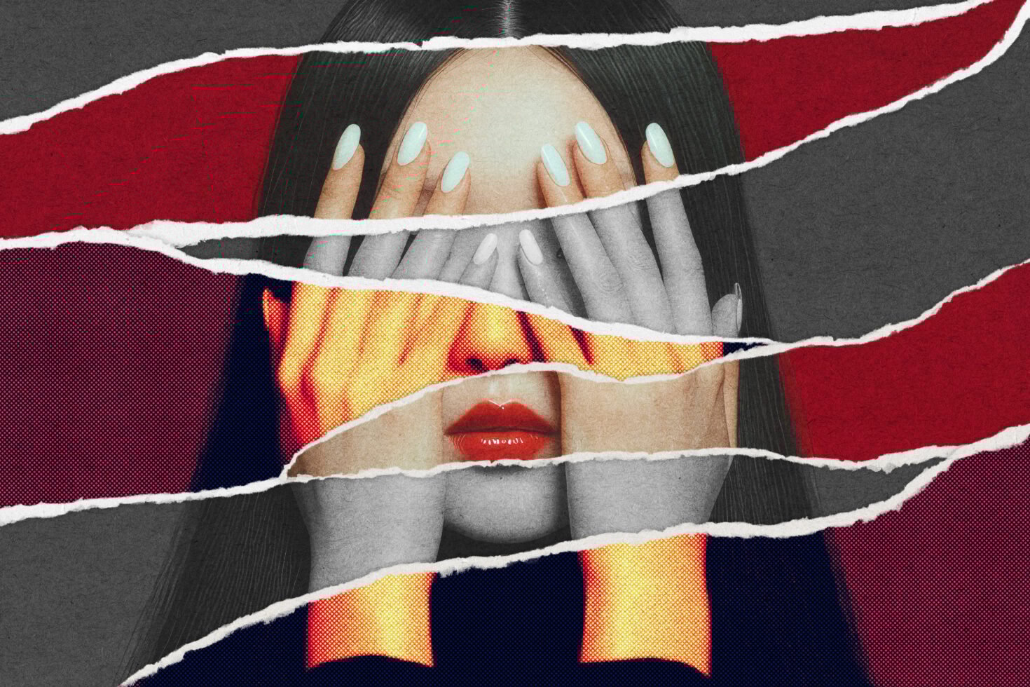 Collage image of a woman with torn paper effects covering face in various colors, ideal for designers in graphic and template projects, creative design asset.