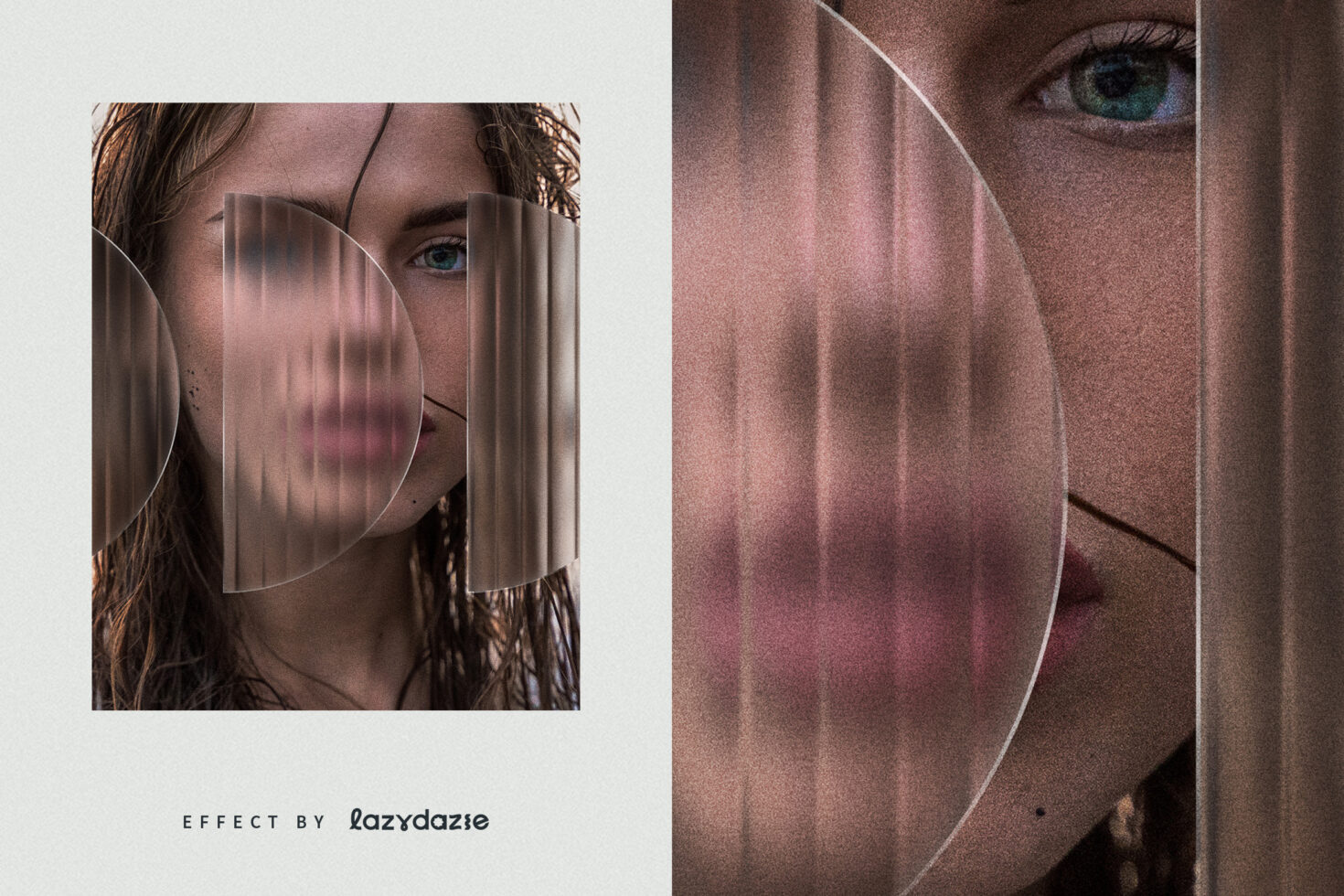 Creative photo effect for designers with abstract glass overlay on close-up portrait. Ideal for graphics mockups templates. Enhance visual projects.