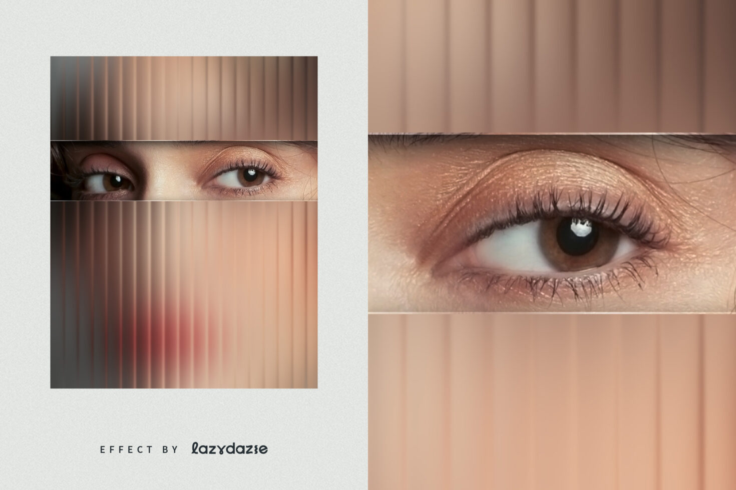 Vertical blinds effect on portrait with close-up of eyes showcasing photo manipulation technique for designer templates and graphic assets.
