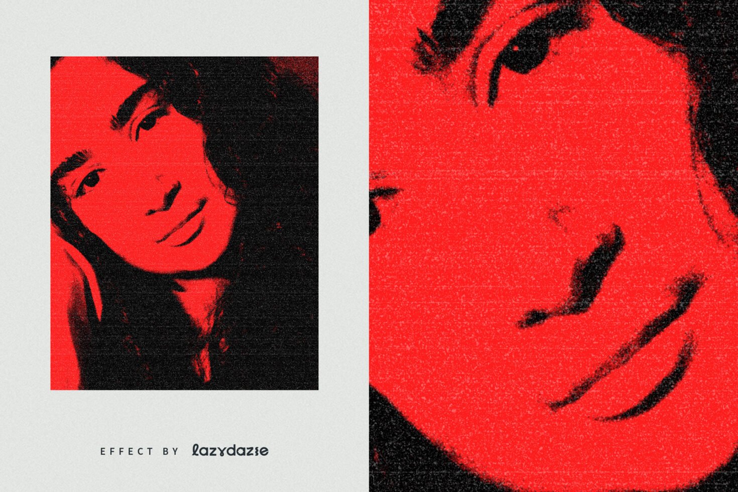 Red-hued duotone photo effect mockup showcasing a close-up face with grain texture ideal for graphic design projects and creative templates.