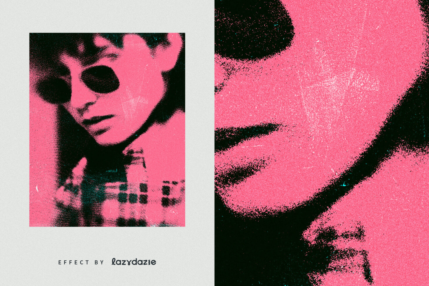 Retro photo effect mockup featuring close-up of a person wearing sunglasses with a pink textured overlay perfect for graphic design projects
