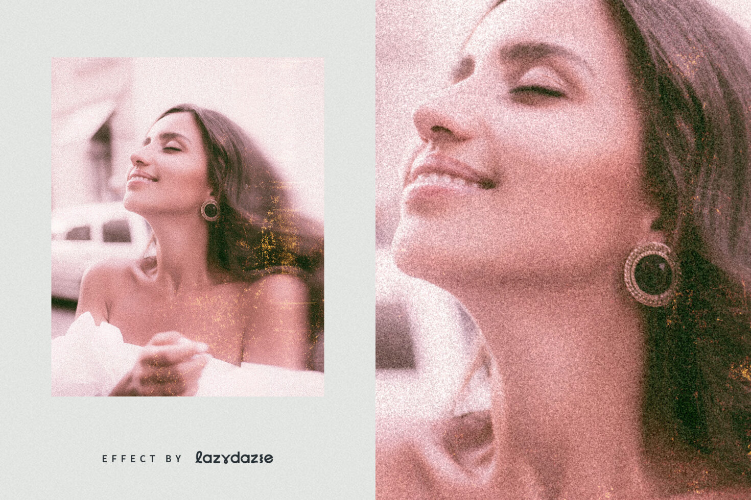 Vintage photo effect template showing a woman with closed eyes and earrings, suitable for designers seeking unique aesthetics, graphic design asset.