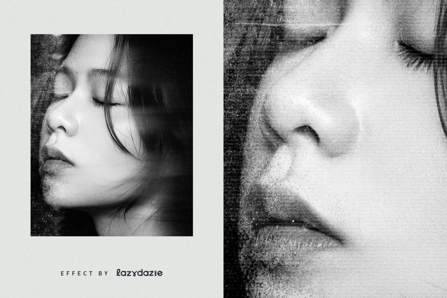 Black and white portrait effect showcasing a serene face with closed eyes. Perfect for digital asset marketplace. Keywords: mockups, templates, designers.