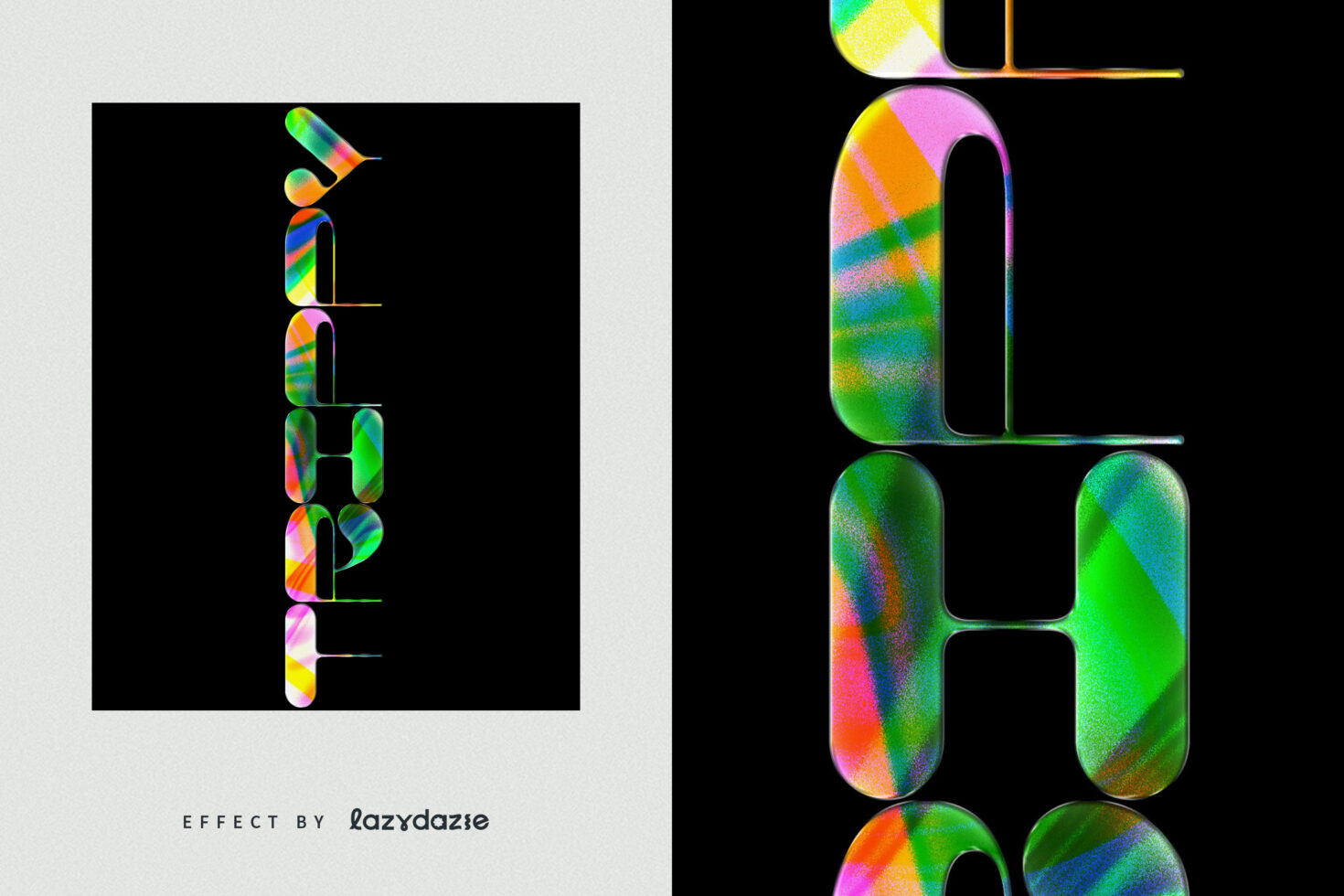 Colorful abstract font graphic featuring vibrant gradient letters with a textured effect on a black background suitable for creative design projects.