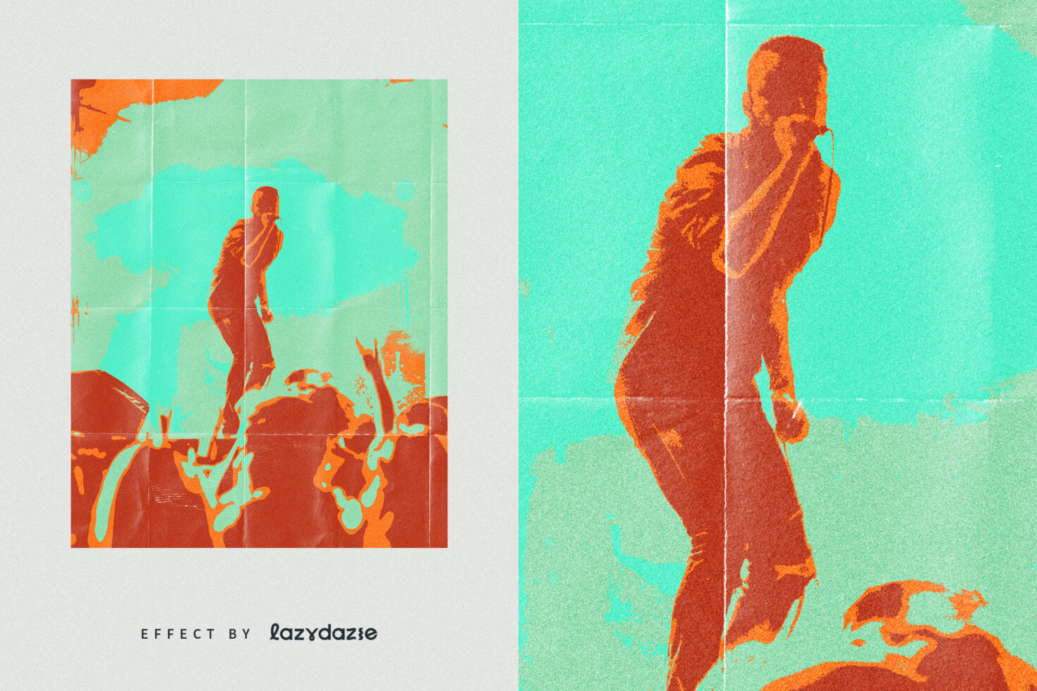 Vibrant concert poster design featuring an abstract musician silhouette with a teal and orange color scheme ideal for graphic design projects or templates.