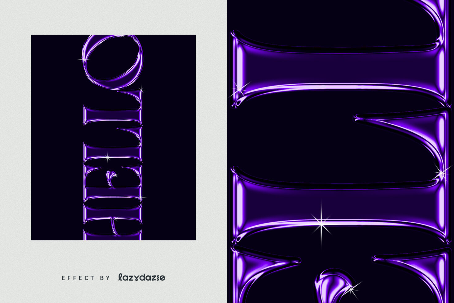 Metallic purple text effect reading Hello, showcasing glossy 3D typography perfect for contemporary design projects, templates, or graphic assets.