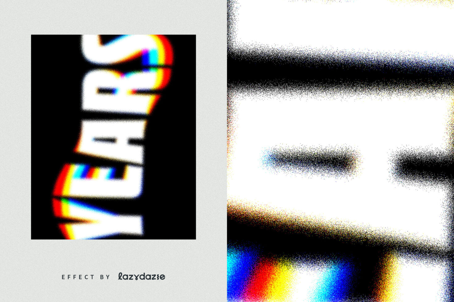 Colorful distorted text effect image showcasing the word YEARS with rainbow gradient and a blurred VHS-like style, perfect for graphics projects.