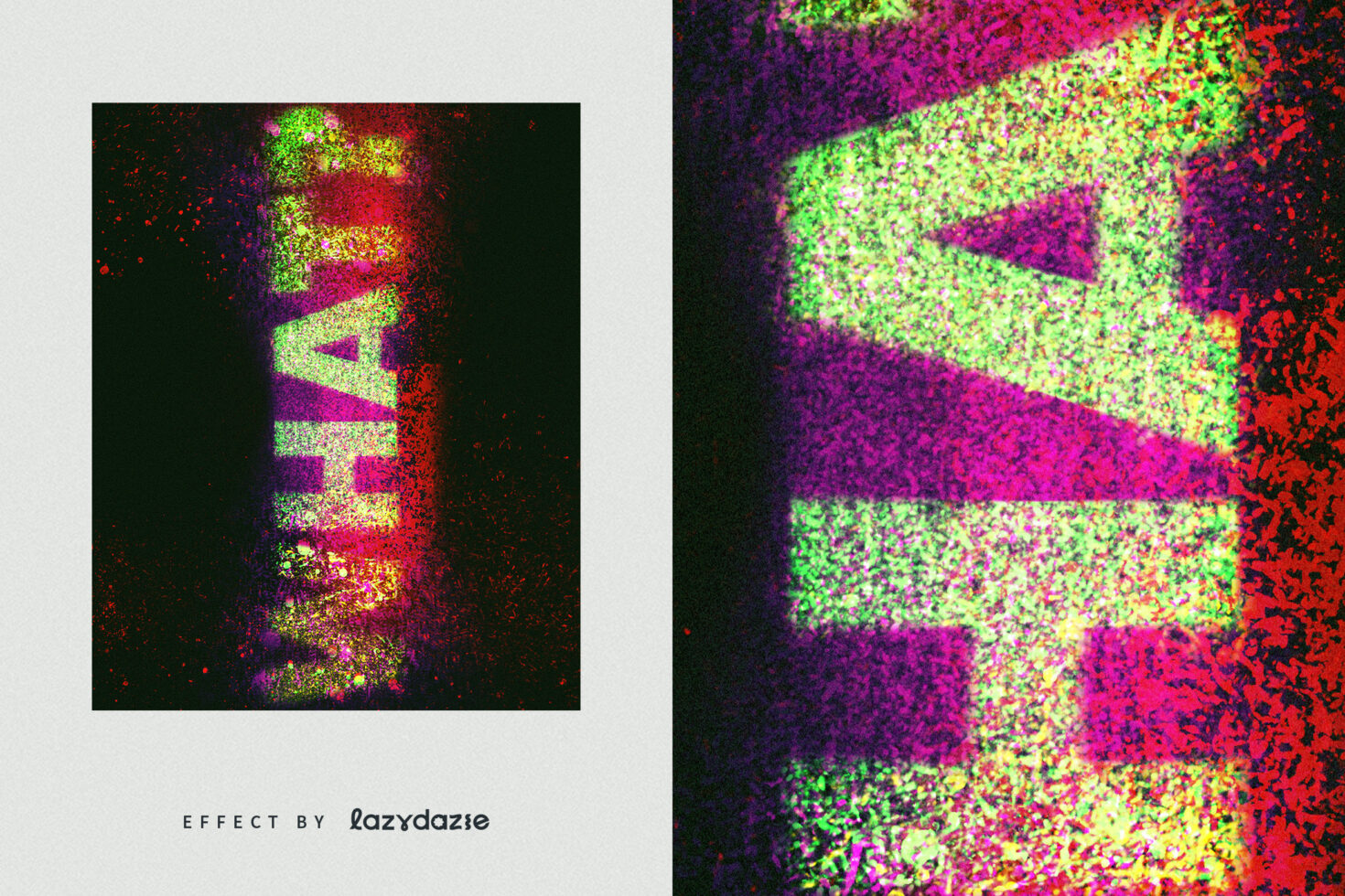 Vibrant text effect template displaying the word WHAT highlighted in colorful neon splatter, ideal for graphic design projects and creative branding.