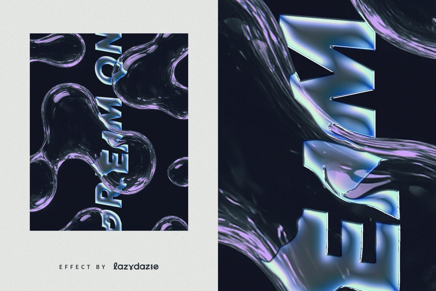 Digital design graphic showcasing abstract liquid shapes and bold typography. Ideal for designers seeking creative mockups and dynamic visual templates.