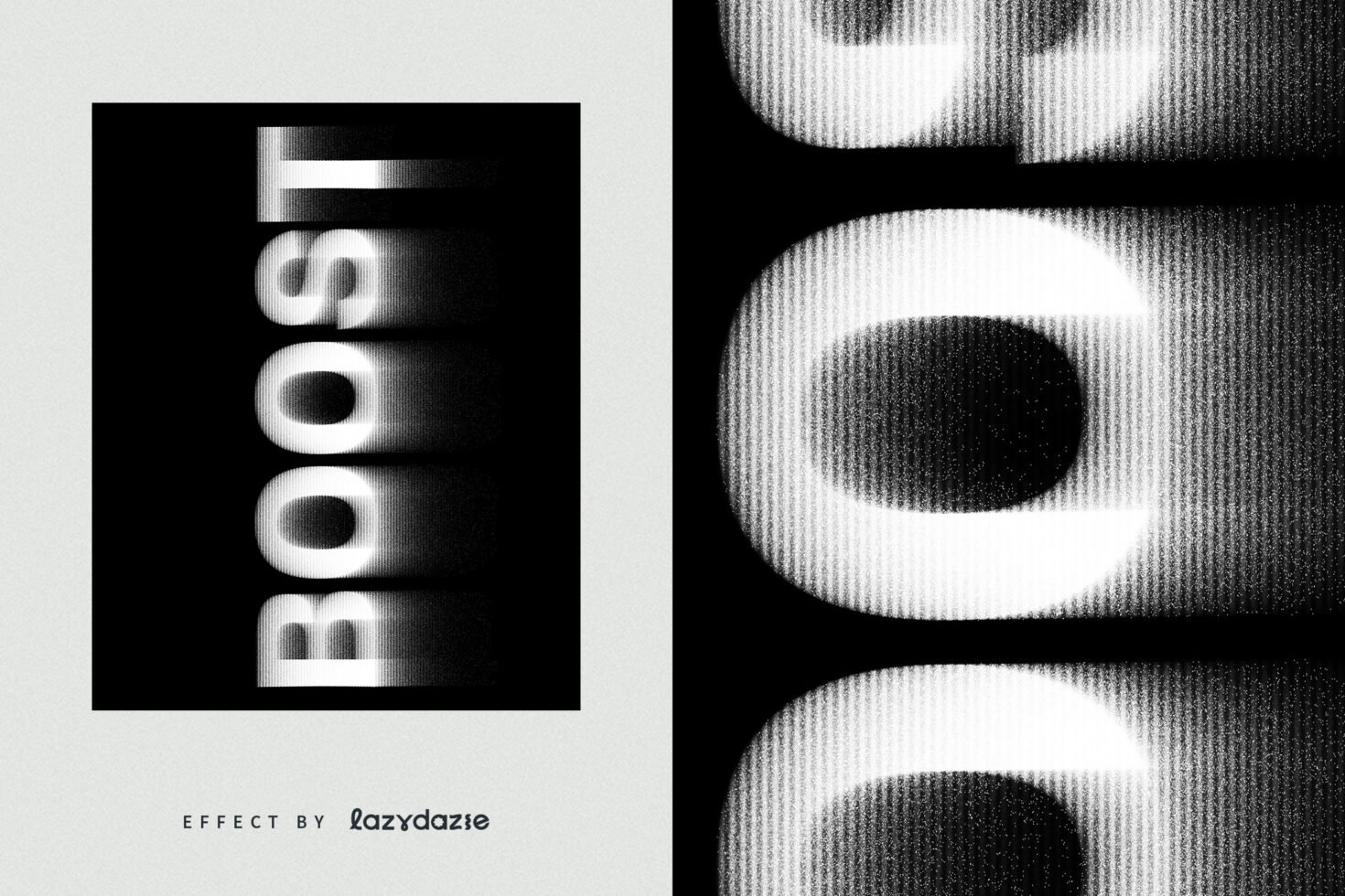 Bold black and white text graphic with halftone effect reading Boost ideal for typography design templates and modern posters for designers.
