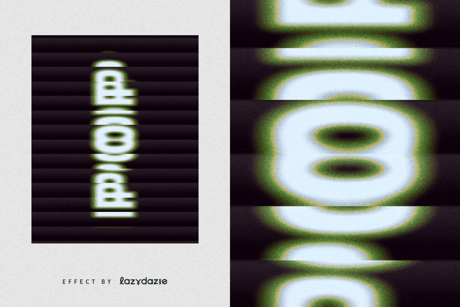 Distorted text graphic with green glow on black background perfect for designers seeking unique typography effects in digital assets mockups templates.