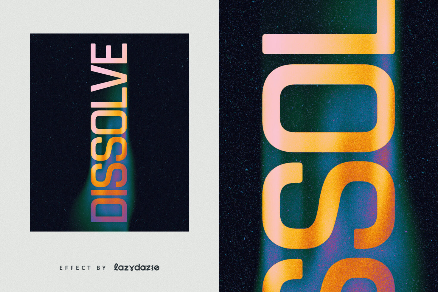 Dissolve text effect in vibrant neon colors on dark background for creative projects. Ideal for graphic designers seeking unique text styles for design assets.