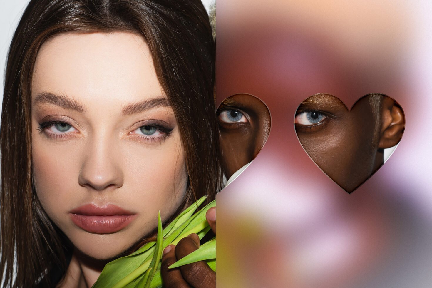 Close-up portrait of a woman holding leaves and a man looking through heart cutouts. Fashion photography, creative composition, vibrant colors, modern design.