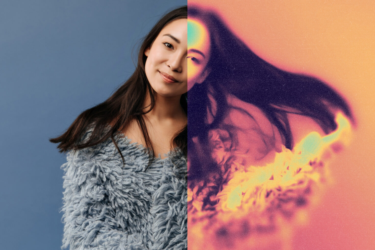 Split image of a woman in a blue fluffy sweater with half vibrant digital effect. Perfect for mockup, graphics, or design template use.