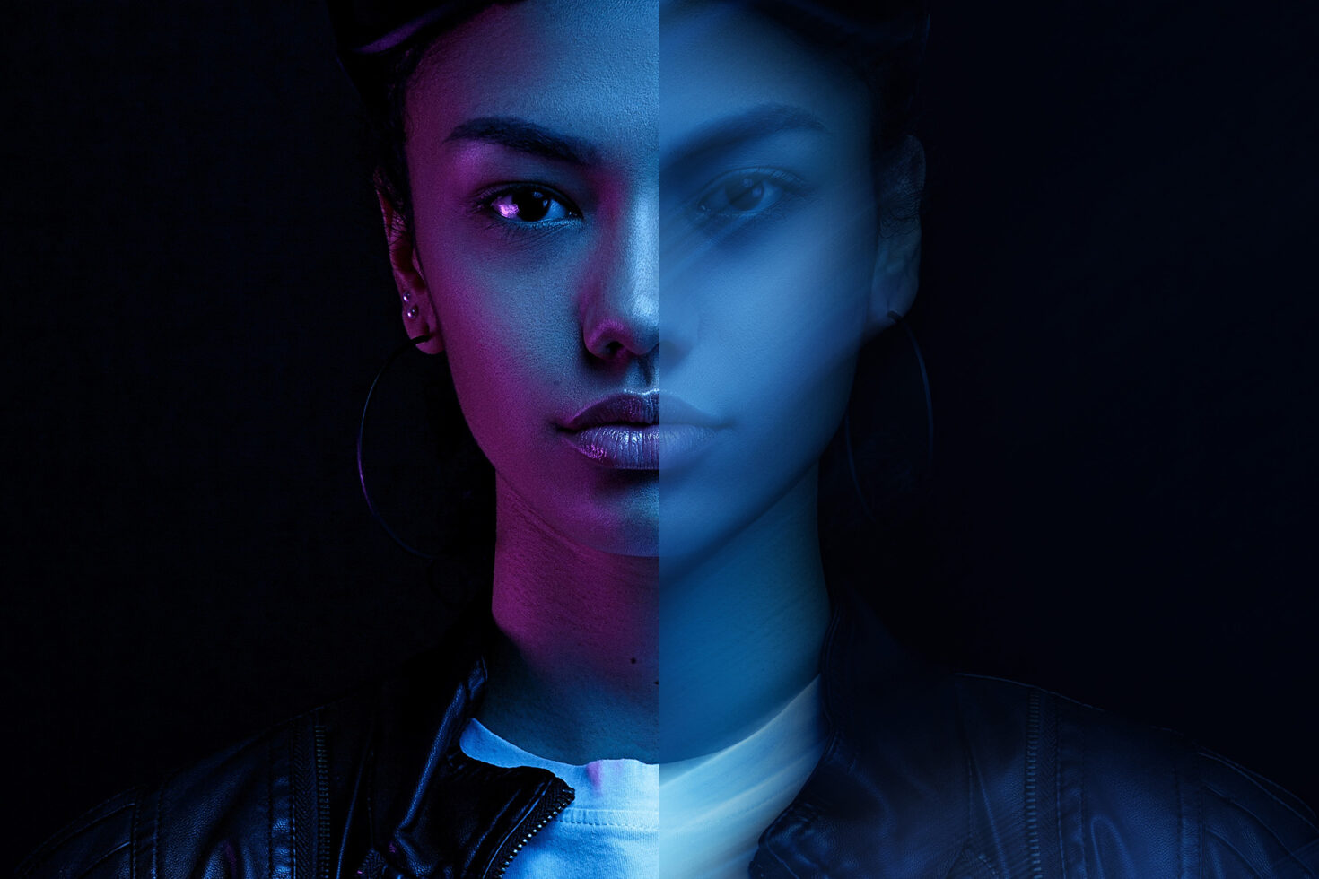 Double exposure portrait of a woman with vibrant blue and purple lighting effects, perfect for graphic design, templates, and modern digital art projects.