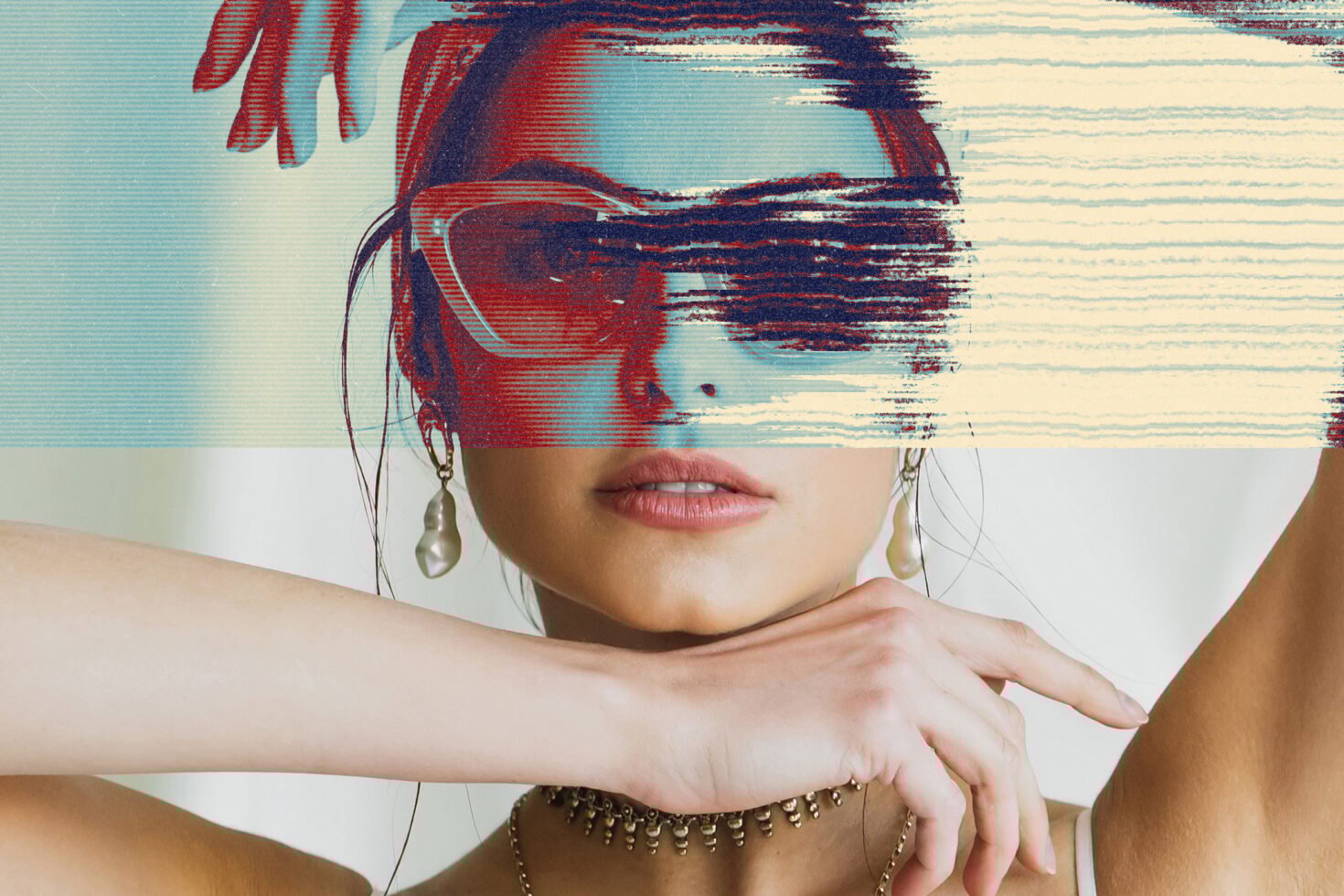 Digital asset image of a woman with abstract glitch effect. Ideal for graphic designers seeking unique textures and overlays. Mockups and templates resource.