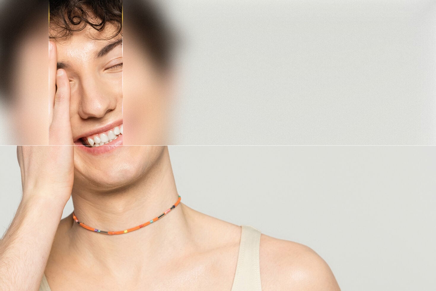 Horizontal scan line displacement effect across face portrait