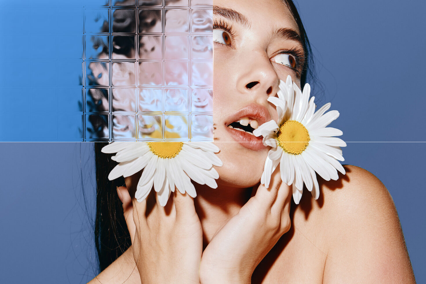 Artistic portrait of a woman holding daisies on face with glass filter effect vibrant colors ideal for graphic design projects and creative mockups