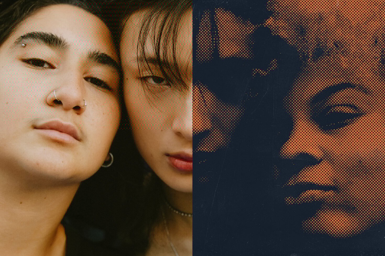 Split image of two people; left photo realism, right halftone effect in orange and black; perfect for creative graphics and design projects.