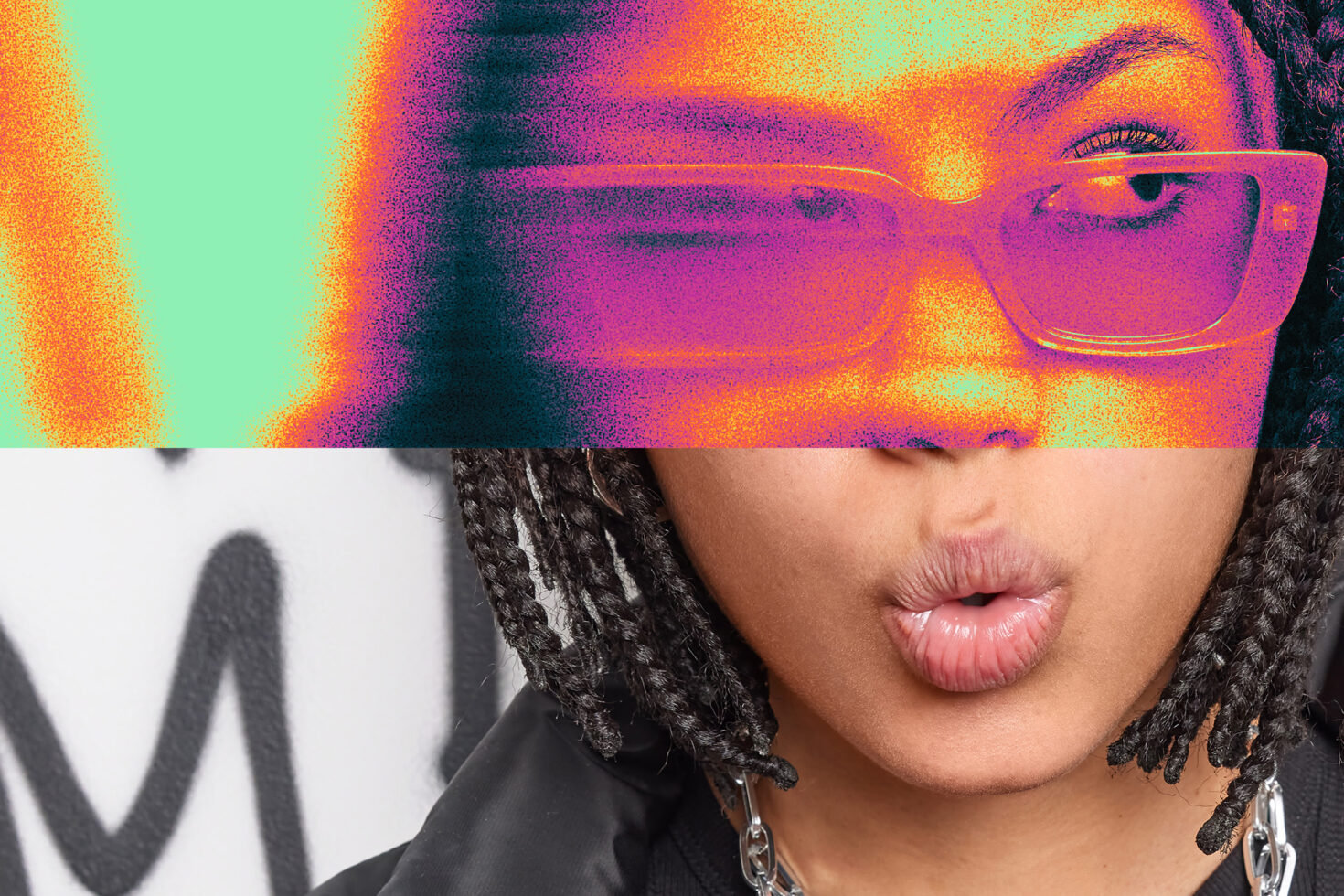 Portrait of a person with digital glitch effect; suitable for graphic design projects, mockups, and abstract templates. Colorful, modern, eye-catching design.