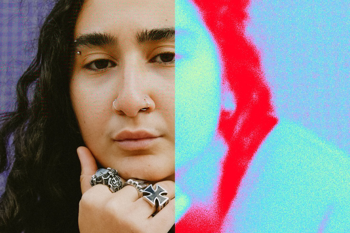 Digital asset image for designers; split portrait photo with a texture effect. Perfect for graphics and templates. Vibrant colors; piercing details.