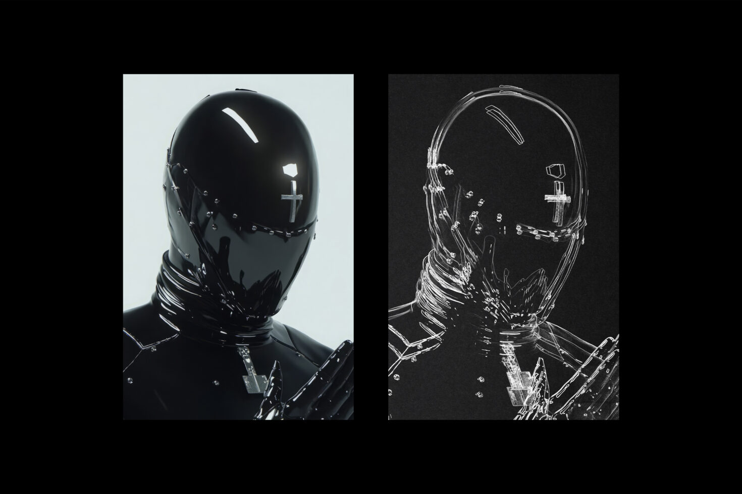 Futuristic helmet design with reflective surface on left; abstract line art rendering on right; ideal for graphic design and concept art templates.